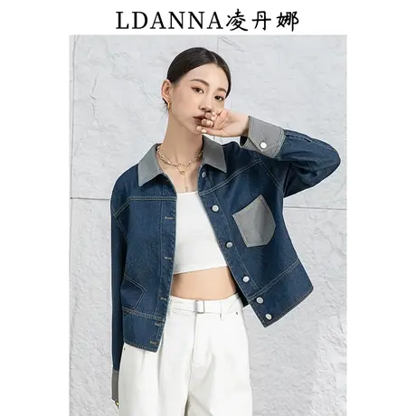 凌丹娜2024新款撞色复古牛仔外套女小个子翻领小香风新中式衬衫女商品大图