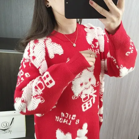 红色毛衣女士春秋冬外穿针织衫宽松慵懒风上衣韩版卡通减龄打底衫图片