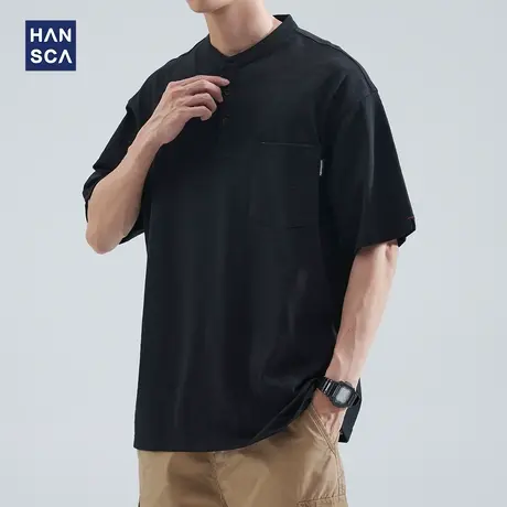 hansca重磅竹节棉亨利领短袖POLO衫男夏季新款宽松潮流百搭上衣服商品大图