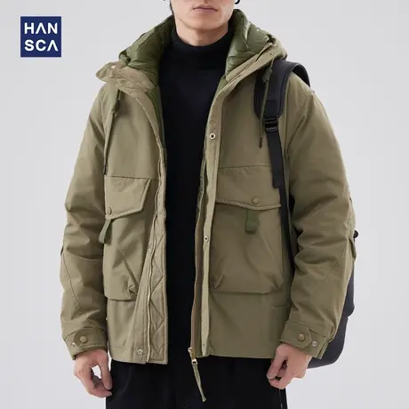 hansca工装羽绒服男冬季2023新款加厚青少年连帽夹克白鸭绒外套男图片
