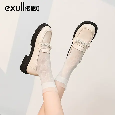 依思q小皮鞋女鞋春秋2024新款法式珍珠蝴蝶结单鞋白色乐福鞋粗跟商品大图