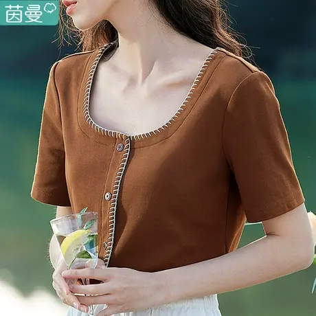 茵曼体桖小众设计感T恤女装2024年夏季新款显瘦针织正肩短袖上衣商品大图