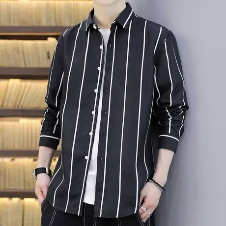 长袖衬衫男春秋季潮牌条纹设计感百搭寸衫男士帅气青少年衬衣外套商品大图