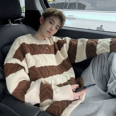 条纹圆领毛衣男秋冬宽松oversize慵懒风设计感线衣休闲针织衫外套商品大图