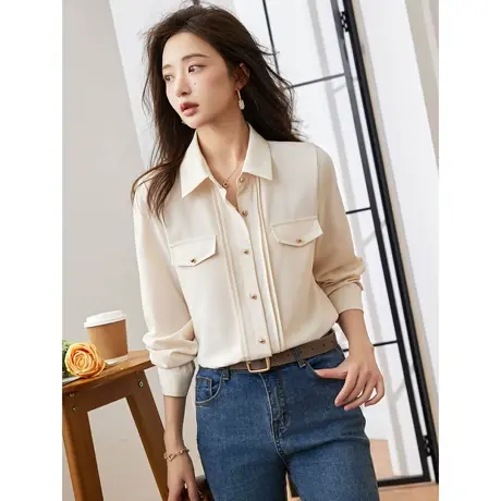 时尚气质长袖衬衫2023年早秋新款淑女温柔翻领宽松显瘦通勤上衣商品大图