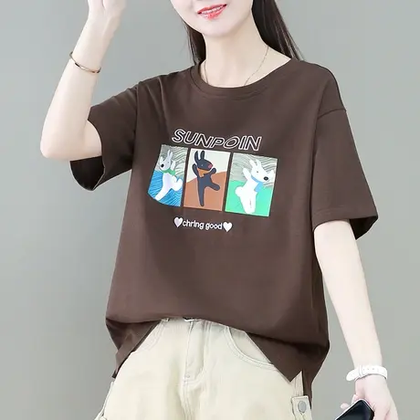 宽松纯棉t恤衫女夏装2023年新款时尚设计感大码女装趣味印花上衣商品大图