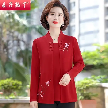 妈妈2023秋装两件打底衫中老年人女装春洋气绣花长袖T恤遮肚上衣商品大图