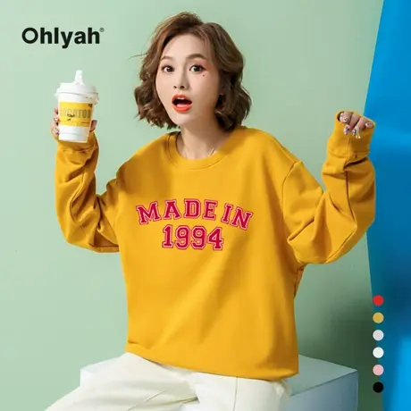 Ohlyah品牌 卫衣女chic港风字母印花百搭慵懒风洋气圆领上衣学生商品大图