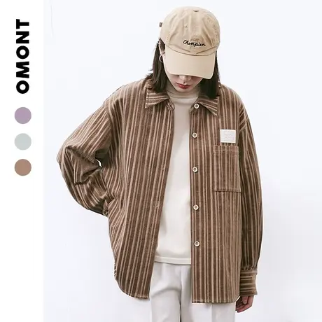 omont蛋挞家 条纹紫色灯芯绒衬衫外套女早秋复古港味设计感上衣潮商品大图