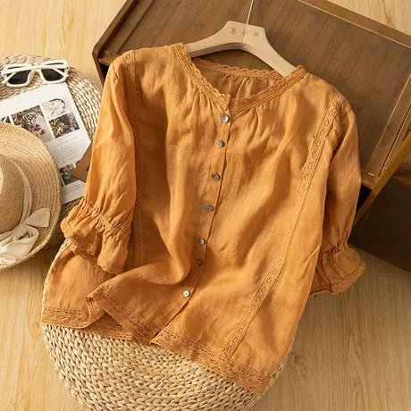享永子七分袖苎麻刺绣上衣女夏文艺复古棉麻小衫宽松百搭2023新款商品大图
