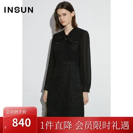 [触感香风]恩裳COVER2023早春新款通透肌理雪纺拼接黑色花纱裙子图片