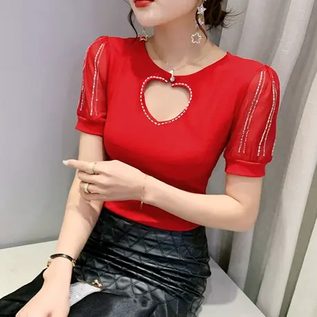 性感镂空泡泡袖上衣女洋气烫钻短袖T恤设计感夏装修身百搭小衫潮商品大图