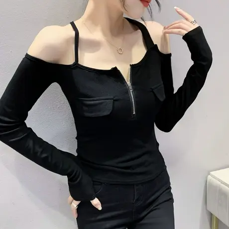 性感露肩短款长袖T恤女网红设计感一字领上衣时尚拉链打底衫春秋商品大图