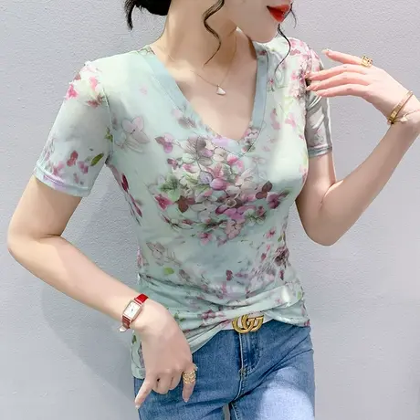性感V领网纱T恤女短袖夏装时尚洋气年轻漂亮印花上衣修身显瘦小衫商品大图
