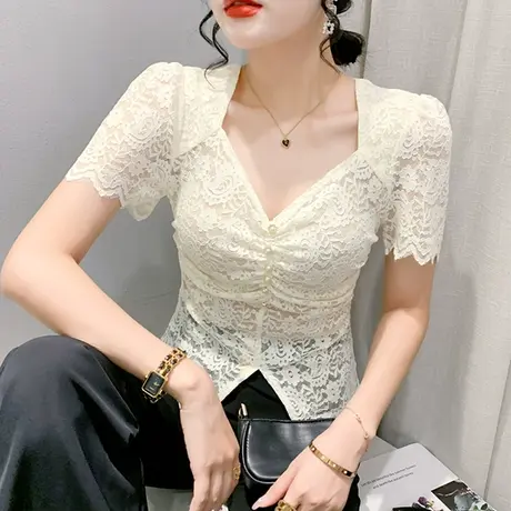 2023夏装新款时尚V领蕾丝衫女短袖性感镂空修身上衣别致开叉小衫图片