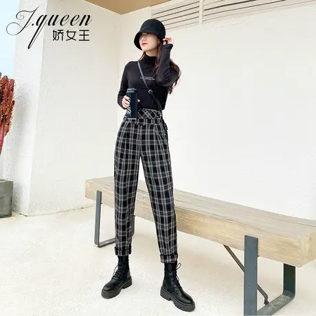 高腰哈伦裤女秋冬加绒新款显瘦休闲裤宽松复古英伦格子小脚萝卜裤商品大图