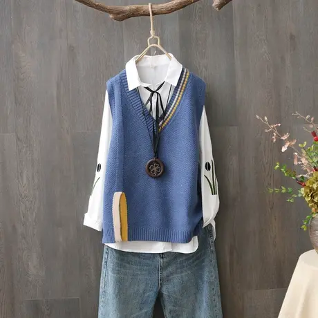 韩范拼色鸡心领套头学生针织马夹女背心短款V领宽松坎肩马甲毛衣图片