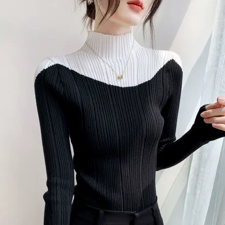 半高领拼接打底衫女2023早春款修身显瘦设计感长袖针织衫保暖上衣商品大图