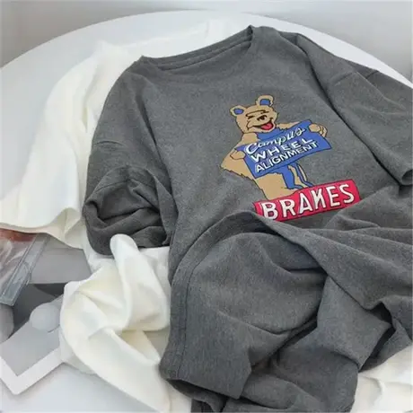 磨毛小熊宽松大版圆领T恤女2023春秋韩版加厚棉深灰色印花上衣女商品大图