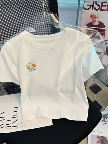 chic韩版印花撞色拼接仿棉短款短袖t恤女2023夏新款露脐正肩半袖商品大图