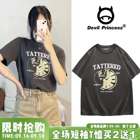 美式复古风vintage宽松深灰色T恤女小众设计感纯棉学院风正肩上衣商品大图