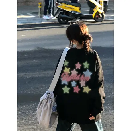 vintage设计感星星印花圆领卫衣女春秋薄款宽松慵懒风早秋季上衣图片