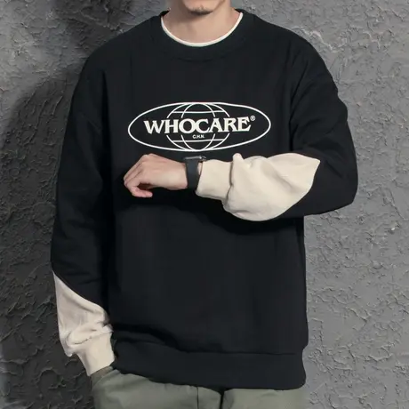 字母印花卫衣男春秋2021新款秋季宽松休闲百搭潮牌圆领撞色拼接潮商品大图