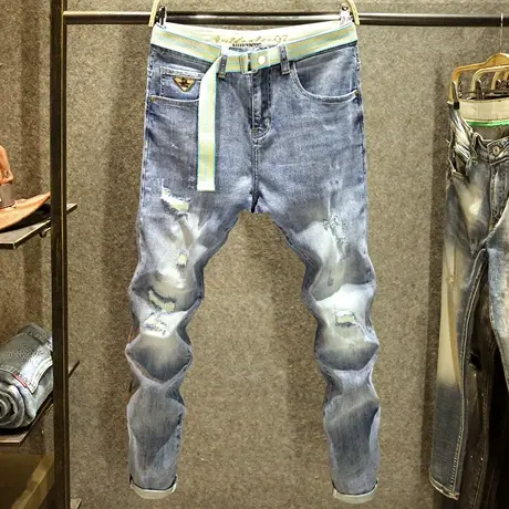 夏季九分牛仔裤男款微宽松哈伦小脚裤潮牌ins破洞男生休闲裤子薄商品大图