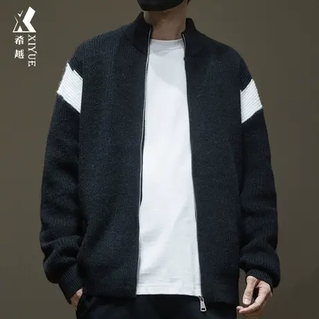希越660g重磅开衫毛衣男拼接撞色拉链秋冬季宽松大码男士潮流外套图片