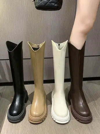 长筒靴女秋冬季小个子圆头复古高筒骑士靴厚底v口中跟粗跟瘦瘦靴图片