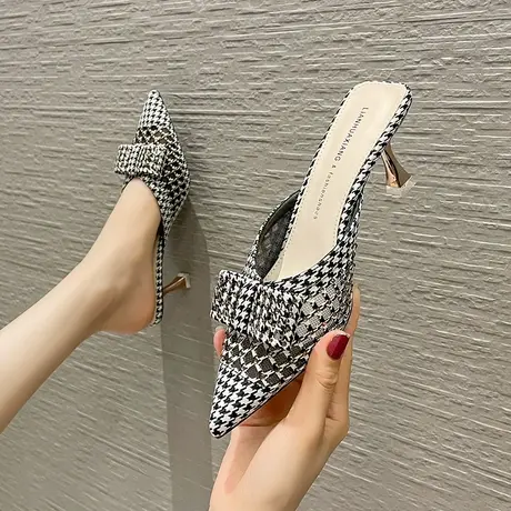 性感细跟凉鞋女2023年夏季新款千鸟格网纱高跟鞋尖头一脚蹬半拖鞋商品大图