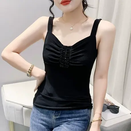 性感V领吊带背心女西装内搭夏装洋气网纱无袖上衣时尚钉珠小衫潮商品大图