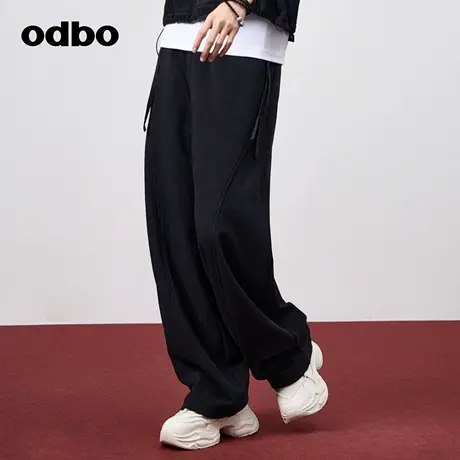 odbo/欧迪比欧时尚气质抽绳设计黑色针织休闲裤女春季新款直筒裤商品大图