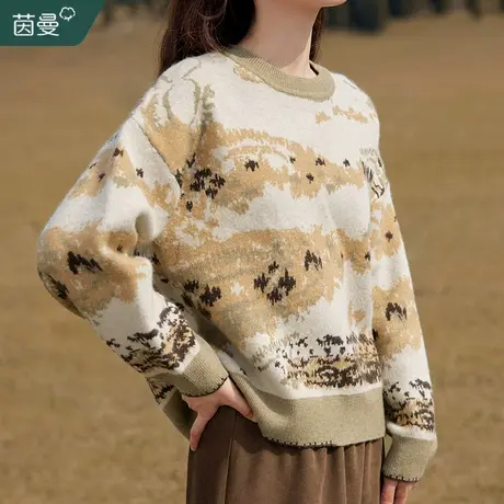 茵曼法式复古软糯慵懒毛衣女2023冬季新款圆领长袖套头上衣针织衫图片