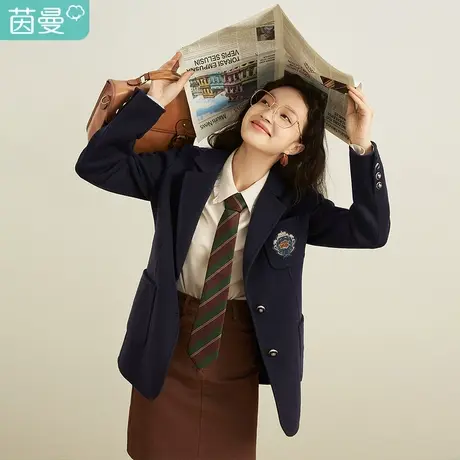 茵曼特价清仓冬季新款女学院风绣章宽松西装领大衣双面呢外套图片