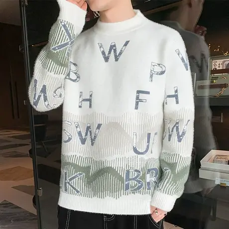 渐变色毛衣男冬季半高领痞帅针织打底衫男青少年字母提花保暖线衣商品大图