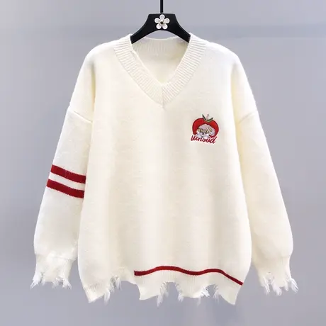 日系卡通刺绣V领毛衣女秋冬2023新款宽松学院风设计感破洞针织衫商品大图
