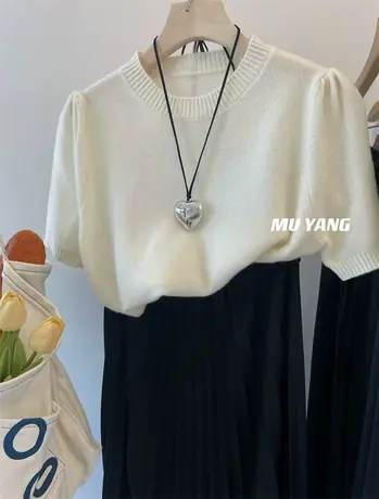 chao美温柔风 小褶皱袖 羊毛纯色软糯短袖毛衣百搭针织衫上衣秋女商品大图