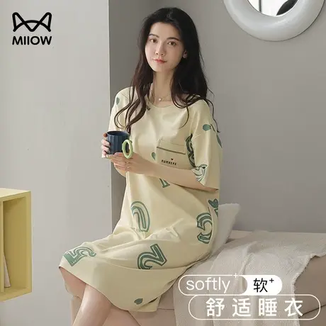 猫人纯棉短袖睡裙夏季薄款透气可外穿中长款宽松大码家居服夏季女商品大图