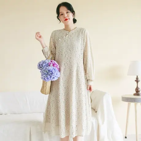 胖妹妹秋季2023新品新中式蕾丝旗袍裙 大码微胖复古宽松优雅长裙商品大图