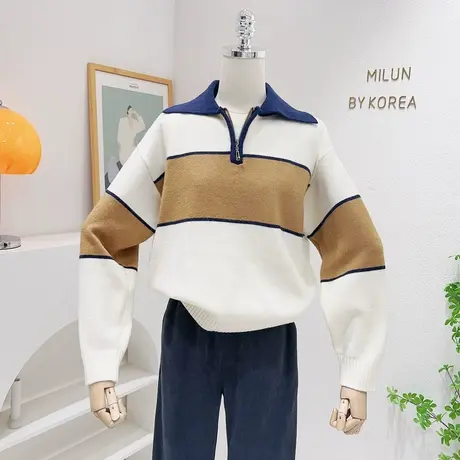 小众复古慵懒拼色加厚毛衣秋冬ins韩系休闲Polo翻领针织衫女上衣图片