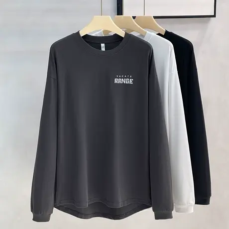 秋冬新款纯棉宽松美式复古百搭潮流长袖T恤简约印花打底衫上衣男商品大图