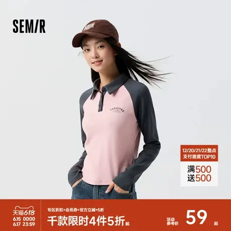 森马POLO衫女短款紧身拼色插肩袖辣妹衣服春季时尚字母上衣复古风商品大图