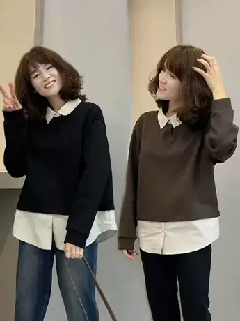 假两件卫衣外套女小个子上衣秋季2023新款宽松慵懒风衬衫拼接卫衣图片