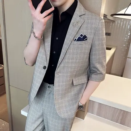 夏季七分袖格子小西装男休闲垂感宽松中袖西服搭配英伦修身九分裤商品大图