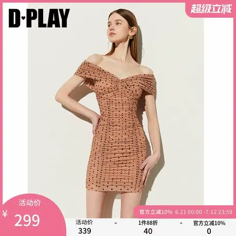 DPLAY夏卡其黑波点性感修全身抽褶身雪纺弹力连衣裙包臀短裙商品大图