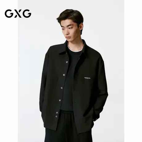 GXG男装 黑色肌理感撞色绣花长袖衬衫外套24年秋季新品G24X033021商品大图