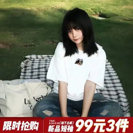 简约风纯棉白色短袖t恤女2025新款爆款宽松正肩休闲重磅半袖上衣商品大图