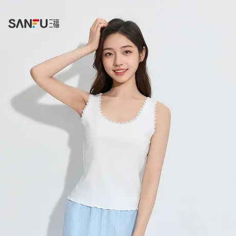 三福 女秋季气质拼蕾丝边宽肩背心 法式松弛感宽松上衣504756商品大图