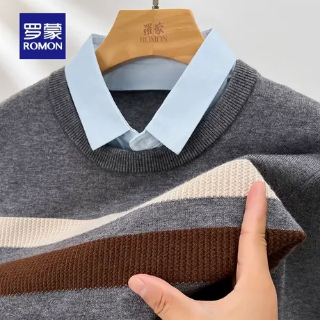 【含绵羊毛】罗蒙男士条纹休闲假两件针织衫2025秋冬新款时尚毛衣商品大图